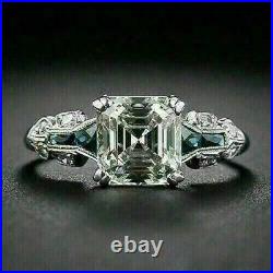 Art Deco Vintage Engagement Wedding Ring 14K White Gold Over 3Ct Asscher Diamond