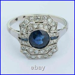Art Deco Vintage Geometric 2.90 Ct Sapphire & Diamond 14K White Gold Finish Ring