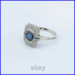 Art Deco Vintage Geometric 2.90 Ct Sapphire & Diamond 14K White Gold Finish Ring