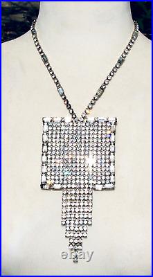 Art Deco Vintage Huge Square Rhinestone Pendant Statement Necklace Silver Tone