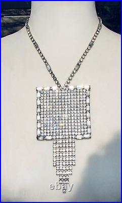 Art Deco Vintage Huge Square Rhinestone Pendant Statement Necklace Silver Tone