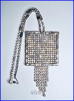 Art Deco Vintage Huge Square Rhinestone Pendant Statement Necklace Silver Tone