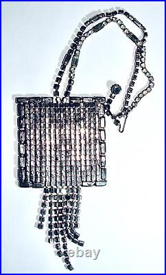 Art Deco Vintage Huge Square Rhinestone Pendant Statement Necklace Silver Tone