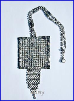 Art Deco Vintage Huge Square Rhinestone Pendant Statement Necklace Silver Tone