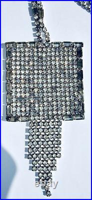 Art Deco Vintage Huge Square Rhinestone Pendant Statement Necklace Silver Tone