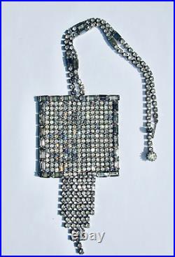 Art Deco Vintage Huge Square Rhinestone Pendant Statement Necklace Silver Tone