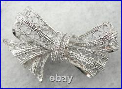 Art Deco Vintage Look Polished 935 Argentium Silver Bow Brooch for Wedding