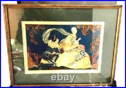 Art Deco Vintage Matted and Framed Colorful Picture of Cavalier & Gowned Woman