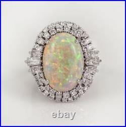 Art Deco Vintage Oval Shape Opal & Lab-Created Diamonds Cluster Halo Women Ring