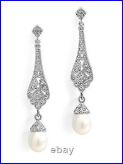 Art Deco Vintage Pave CZ with Freshwater Pearl Earrings IN 935 Argentium Silver