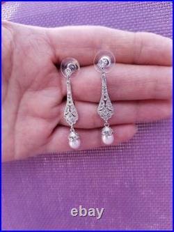 Art Deco Vintage Pave CZ with Freshwater Pearl Earrings IN 935 Argentium Silver