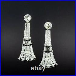 Art Deco Vintage Round Lab Created Diamod & Onyx Engagement 925 Silver Earrings