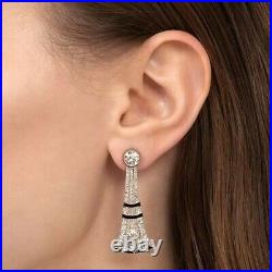 Art Deco Vintage Round Lab Created Diamod & Onyx Engagement 925 Silver Earrings