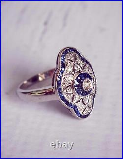 Art Deco Vintage Style 1.0Ct Lab-Created Diamond & Blue Sapphire Ring 925 Silver