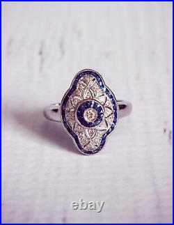 Art Deco Vintage Style 1.0Ct Lab-Created Diamond & Blue Sapphire Ring 925 Silver