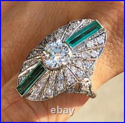 Art Deco Vintage Style Green Emerald & Shiny Round CZ Beautiful Oval Shape Ring