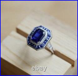 Art Deco Vintage Style Lab Created Blue Sapphire Gems 925 Silver Adjustable ring