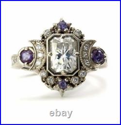 Art Deco Vintage Style Lab Created Diamond Moon Goddess Engagement Silver Ring