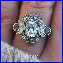 Art Deco Vintage Style Lab Created Diamond Moon Goddess Engagement Silver Ring