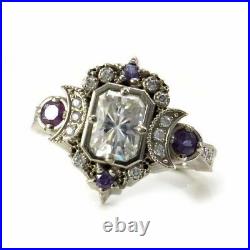 Art Deco Vintage Style Lab Created Diamond Moon Goddess Engagement Silver Ring