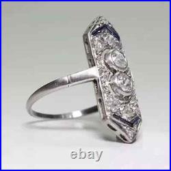 Art Deco Vintage Style Lab-Created Diamond & Sapphire Engagement Ring 925 Silver