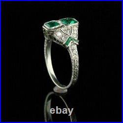 Art Deco Vintage Style Lab Created Emerald Diamond Engagement 925 Silver Ring
