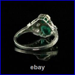 Art Deco Vintage Style Lab Created Emerald Diamond Engagement 925 Silver Ring