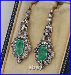 Art Deco Vintage Style Lab Created Emerald Wedding 14K White Gold FN Earrings