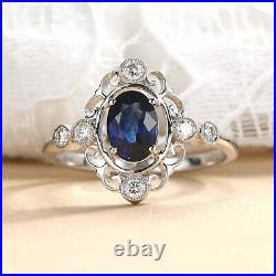 Art Deco Vintage Style Lab Created Sapphire & Diamond Engagement 925 Silver Ring