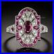 Art Deco Vintage Style Oval Lab Created Ruby Engagement 14K White Gold FN Ring