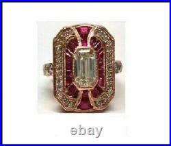 Art Deco Vintage Style Red Ruby & Lab Created Diamond Engagement 925 Silver Ring