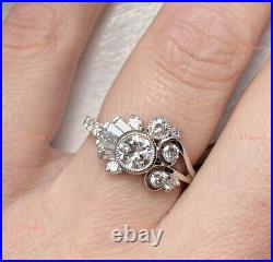 Art Deco Vintage Style Round Moissanite Engagement Ring In Sterling Silver for
