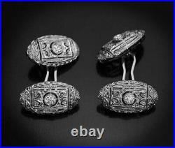 Art Deco Vintage Style With Round Cut CZ Men's Engagement 925 Silver Cufflinks