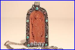 Art Deco Vintage Unique Beautiful Christian Hand Made Silver Pendant Icon+chain