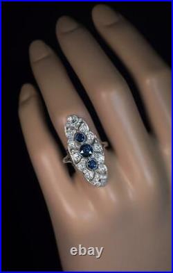 Art Deco Vintage Vertically Bezel-Set CZ With Three Blue Sapphires Silver Ring