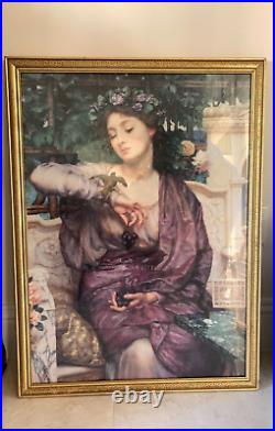 Art Deco Vintage Wood Frame ROMAN Goddess Print Mediterranean Garden Grapes Bird