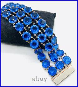 Art Deco Wide Royal Blue Rhinestone Glass Bracelet Triple Row Vintage Jewelry