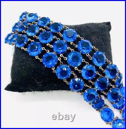 Art Deco Wide Royal Blue Rhinestone Glass Bracelet Triple Row Vintage Jewelry
