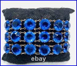 Art Deco Wide Royal Blue Rhinestone Glass Bracelet Triple Row Vintage Jewelry