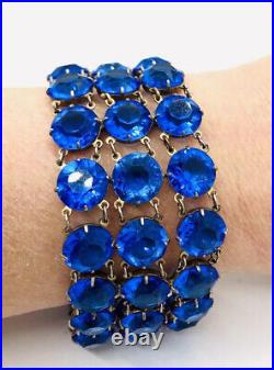 Art Deco Wide Royal Blue Rhinestone Glass Bracelet Triple Row Vintage Jewelry