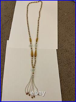 Authentic vintage art deco amber and clear beaded necklace With Tassle