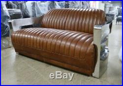 Aviator Art Deco Aluminium 3 Seater Sofa Home Industrial Vintage Tan Leather