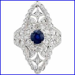Beautiful Art Deco Style Round Blue Sapphire & White Cubic Zirconia Women's Ring