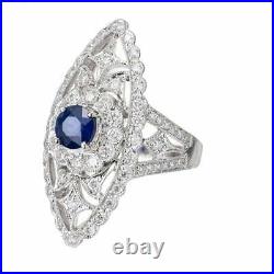 Beautiful Art Deco Style Round Blue Sapphire & White Cubic Zirconia Women's Ring