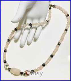 Chinese Export Rose Quartz White Cloisonné Hematite Beaded Vintage Necklace