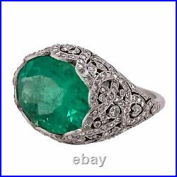 Classic Art Deco 8.44CT Deep Green Emerald With Old European Cut CZ Vintage Ring
