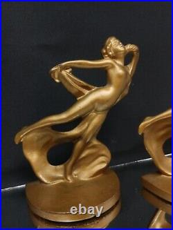 DECO DELIGHT! 1920s CAST METAL Bookends DANCING NUDE#73 ANTIQUE Vintage BRONZE