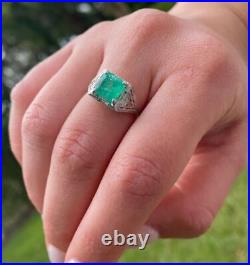 Edwardian 3Ct Green Emerald Art Deco Vintage Women Ring 14K White Gold Plated