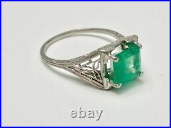 Edwardian 3Ct Green Emerald Art Deco Vintage Women Ring 14K White Gold Plated