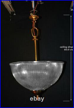 Edwardian brass industrial pendant light mid-century prismatic ribbed holophane